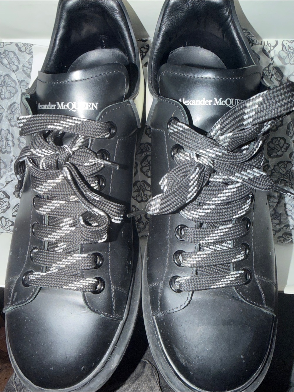 Alexander McQueen Black Leather Low-Top Sneakers with Reflective-Pattern Laces